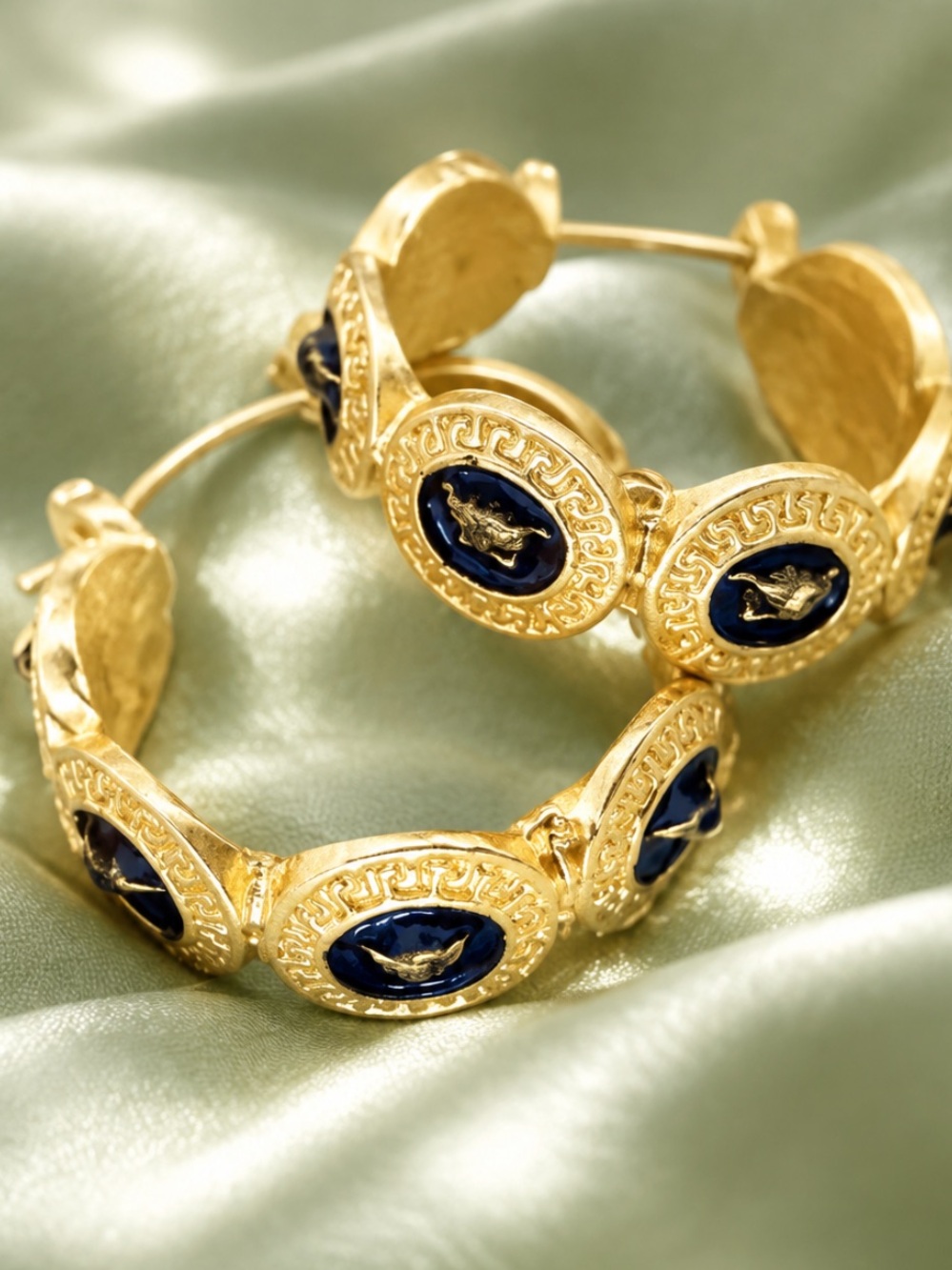 Fashion Jewelry Gold Hoop Earrings with Black Medallion Accents
